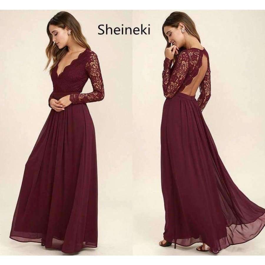 Planet Gates Beige / 2 Chiffon Bridesmaid Dresses Long Sleeves Summer Country Style V-Neck Backless Long Beach Lace Top Wedding Party Dresses