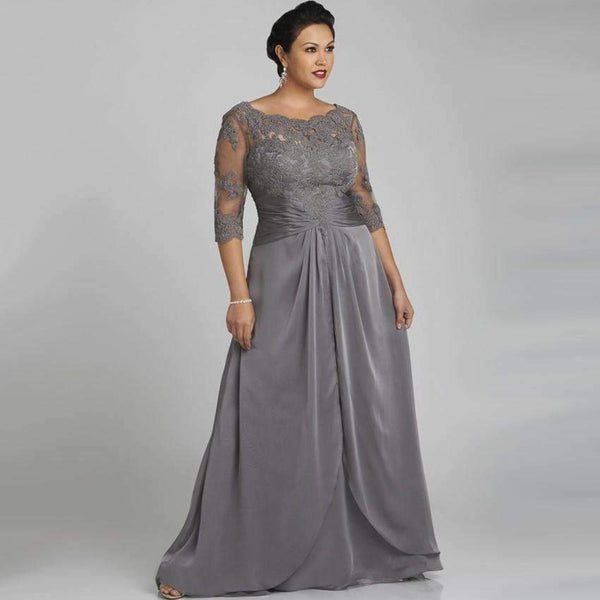 Planet Gates Beige / 2 Evening Dresses Scoop With Lace Three Quarter Sleeve Grey Long Chiffon Vestido De Noche Free Shipping