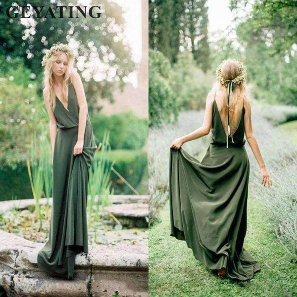 Planet Gates Beige / 2 Long Bridesmaid Dresses 2018 Sexy V-Neck Spaghetti Straps Backless Maid of Honor Dress Beach Country Wedding Party Gowns