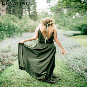 Planet Gates Beige / 2 Long Bridesmaid Dresses 2018 Sexy V-Neck Spaghetti Straps Backless Maid of Honor Dress Beach Country Wedding Party Gowns