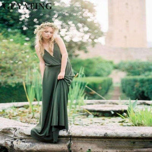 Planet Gates Beige / 2 Long Bridesmaid Dresses 2018 Sexy V-Neck Spaghetti Straps Backless Maid of Honor Dress Beach Country Wedding Party Gowns