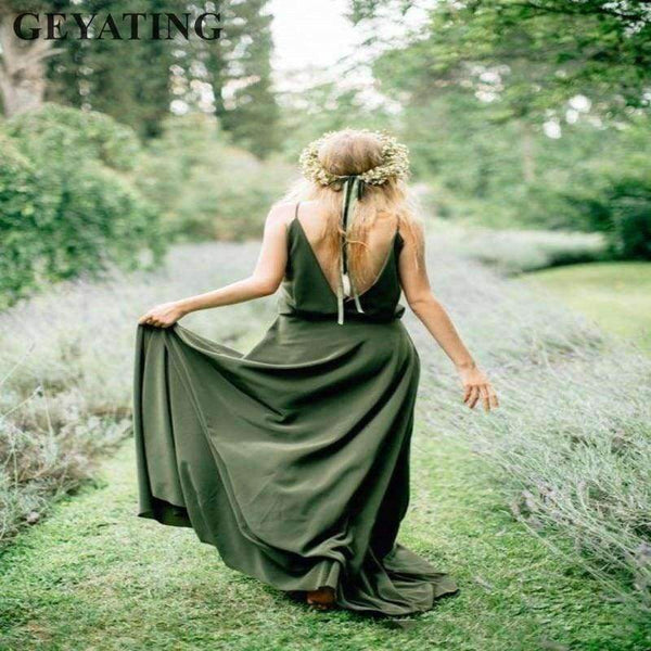 Planet Gates Beige / 2 Long Bridesmaid Dresses 2018 Sexy V-Neck Spaghetti Straps Backless Maid of Honor Dress Beach Country Wedding Party Gowns