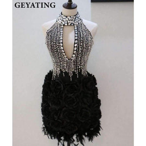 Planet Gates Beige / 2 Luxury Rhinestones High Neck Feather Cocktail Dresses Keyhole Backless 3D Flowers Black Short Cocktail Party Dresses