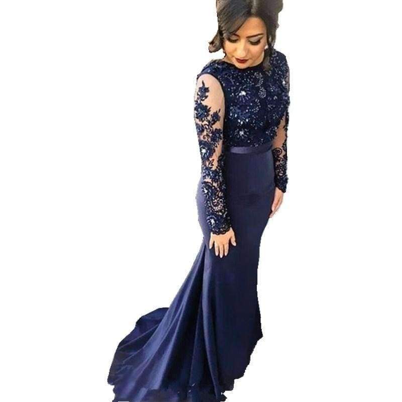 Planet Gates Beige / 2 Navy Blue High Neck Lace Mermaid Party Gowns 2016 Long Sleeves  Appliqued  Party Gowns evening dresses long