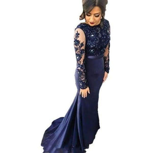Planet Gates Beige / 2 Navy Blue High Neck Lace Mermaid Party Gowns 2016 Long Sleeves  Appliqued  Party Gowns evening dresses long