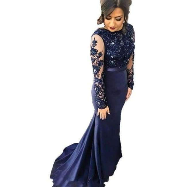 Planet Gates Beige / 2 Navy Blue High Neck Lace Mermaid Party Gowns 2016 Long Sleeves  Appliqued  Party Gowns evening dresses long