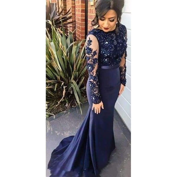 Planet Gates Beige / 2 Navy Blue High Neck Lace Mermaid Party Gowns 2016 Long Sleeves  Appliqued  Party Gowns evening dresses long