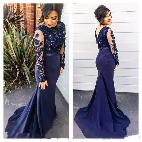Planet Gates Beige / 2 Navy Blue High Neck Lace Mermaid Party Gowns 2016 Long Sleeves  Appliqued  Party Gowns evening dresses long