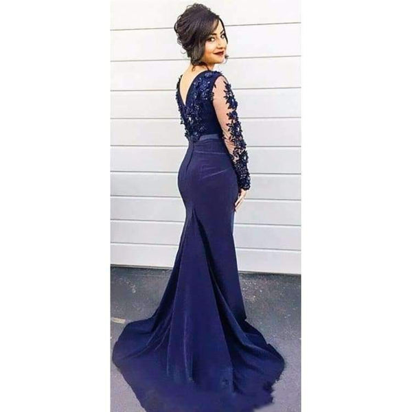 Planet Gates Beige / 2 Navy Blue High Neck Lace Mermaid Party Gowns 2016 Long Sleeves  Appliqued  Party Gowns evening dresses long