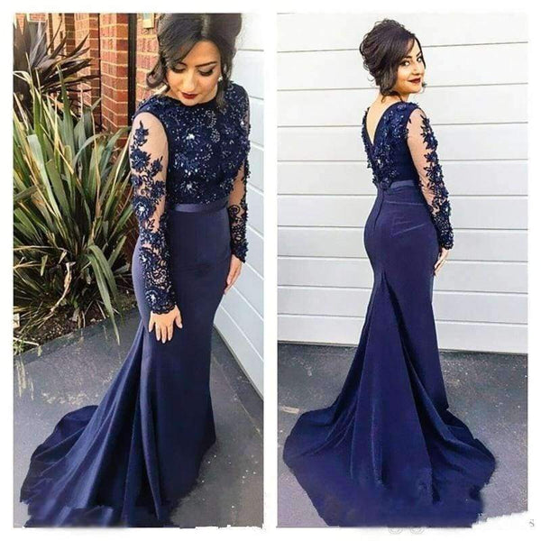 Planet Gates Beige / 2 Navy Blue High Neck Lace Mermaid Party Gowns 2016 Long Sleeves  Appliqued  Party Gowns evening dresses long