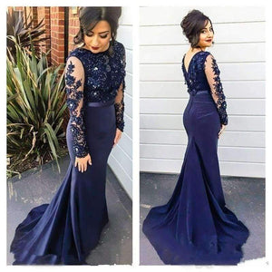 Planet Gates Beige / 2 Navy Blue High Neck Lace Mermaid Party Gowns 2016 Long Sleeves  Appliqued  Party Gowns evening dresses long