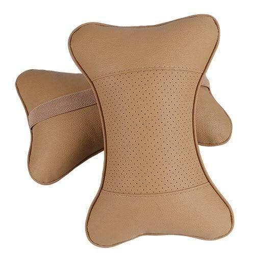 Planet Gates Beige 2 PCS artificial leather car pillow protection your neck/car headrest hole-digging design/auto supplies safety neck pillow