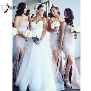 Planet Gates Beige / 2 Pink Lace Mermaid Bridesmaid Dresses 2018 Split Sexy Long Formal Gowns For Wedding Party Honor Of Maid Dress