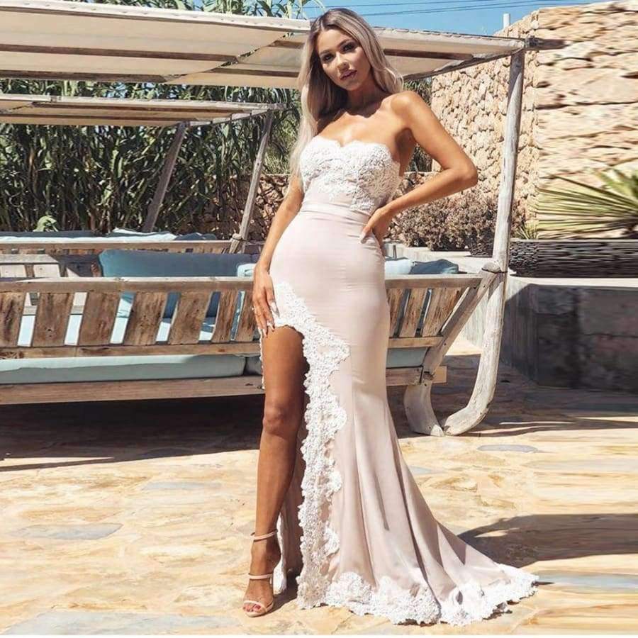 Planet Gates Beige / 2 Pink Lace Mermaid Bridesmaid Dresses 2018 Split Sexy Long Formal Gowns For Wedding Party Honor Of Maid Dress
