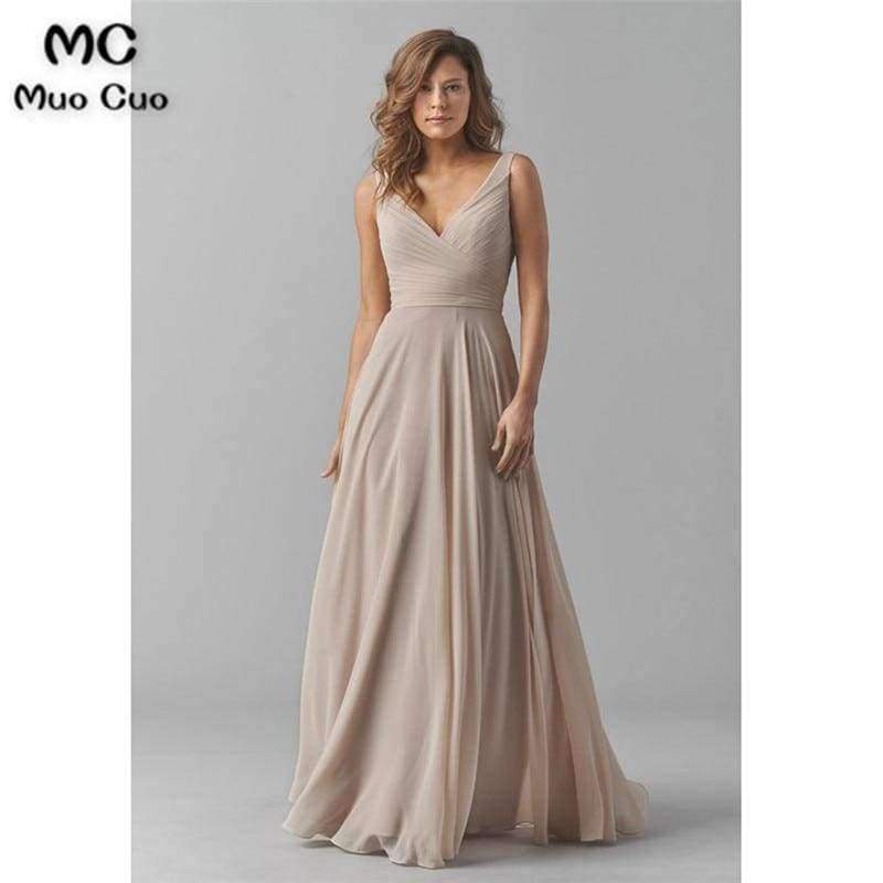 Planet Gates Beige / 2 Vintage Bridesmaid Dresses V-Neck Wedding Party Dress Pleat Chiffon Sleeveless Prom Bridesmaid Dresses for women