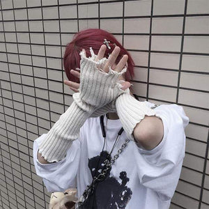 Planet Gates beige Black Gray Beige Tattered Punk Unisex Fingerless Cuff Knit Gloves Women Men Elbow Length Mittens Broken Cool Stretch Arm Warmer