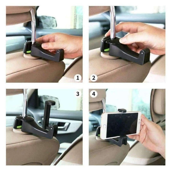 Planet Gates Beige Car Headrest Hooks Universal Vehicle Back Seat Hanger Hook with Phone Holder for Bag Purse Cloth Grocery 2 in 1