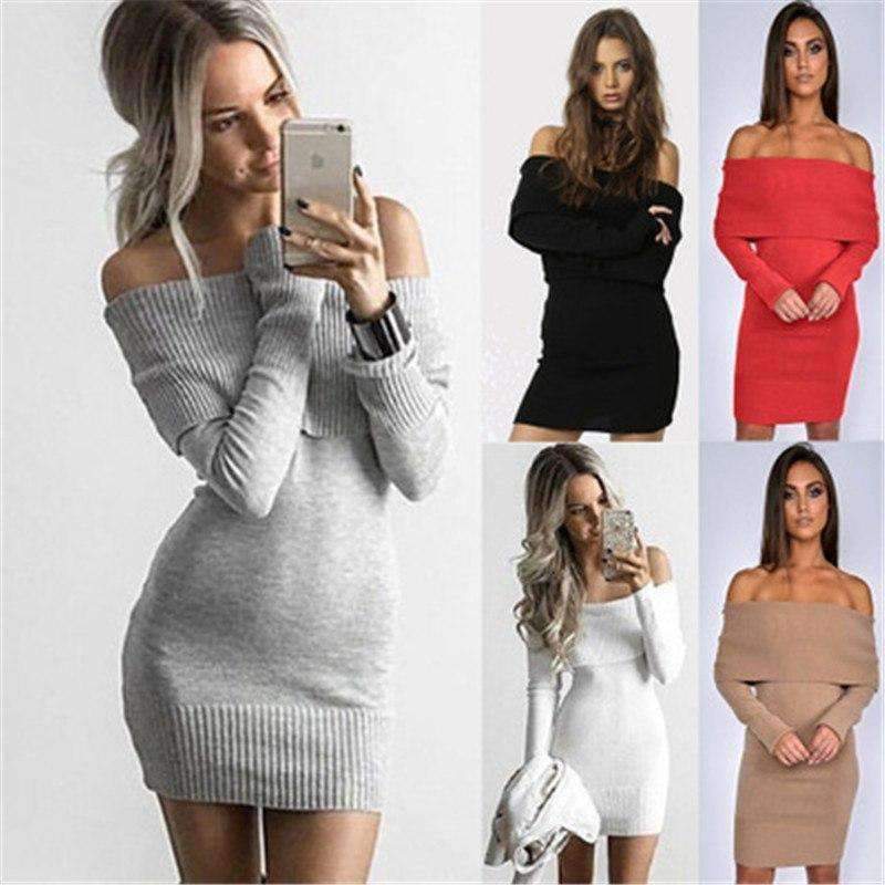 Planet Gates Beige / China European And American Autumn And Winter Collar Collar Off-shoulder Sexy Slim Sweater Skirt Knitted Sweater Women