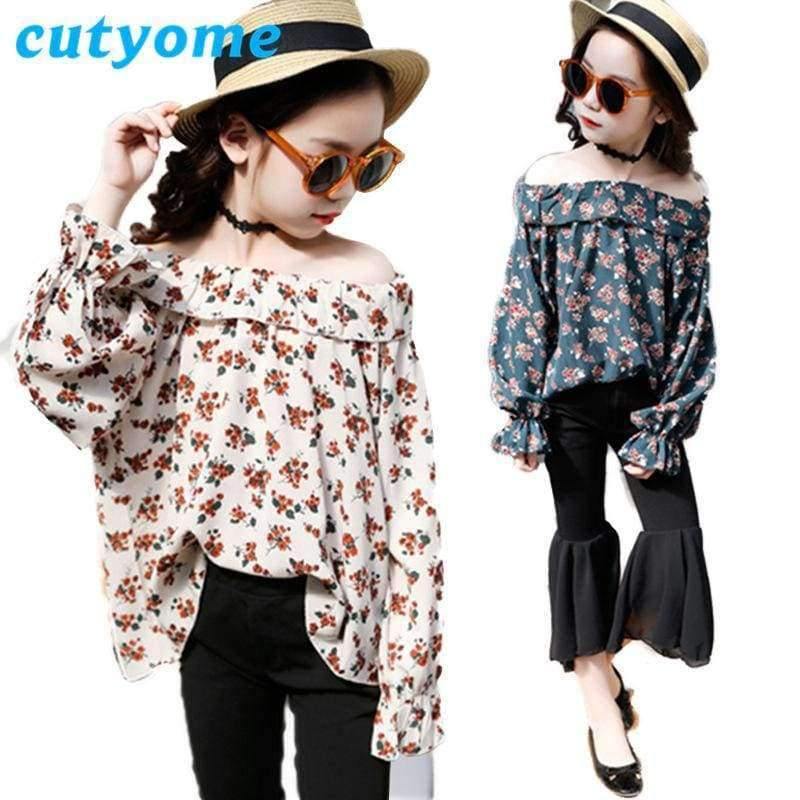 Planet Gates Beige Floral 2pc Set / 3T Teenagers Girls Floral Off Shoulder School Blouse Top+Flare Pant Two Pieces Set 2018 Autumn 12 Children Clothing Sunsuit