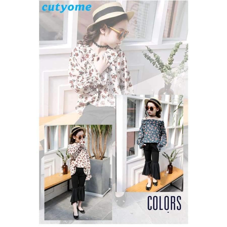 Planet Gates Beige Floral 2pc Set / 3T Teenagers Girls Floral Off Shoulder School Blouse Top+Flare Pant Two Pieces Set 2018 Autumn 12 Children Clothing Sunsuit