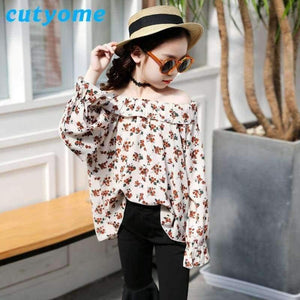 Planet Gates Beige Floral 2pc Set / 3T Teenagers Girls Floral Off Shoulder School Blouse Top+Flare Pant Two Pieces Set 2018 Autumn 12 Children Clothing Sunsuit