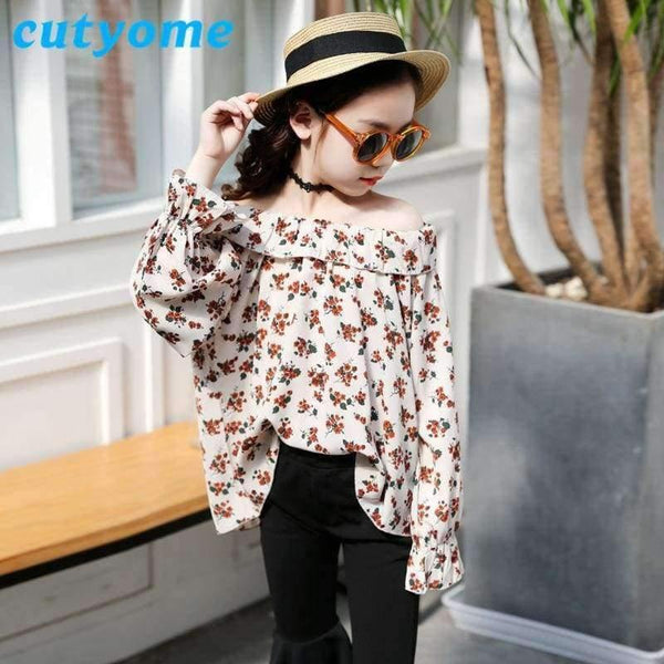 Planet Gates Beige Floral 2pc Set / 3T Teenagers Girls Floral Off Shoulder School Blouse Top+Flare Pant Two Pieces Set 2018 Autumn 12 Children Clothing Sunsuit