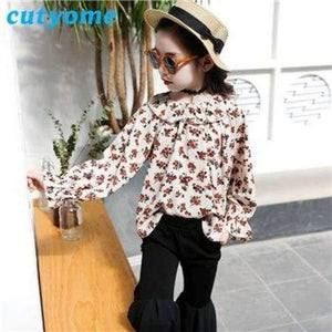 Planet Gates Beige Floral 2pc Set / 3T Teenagers Girls Floral Off Shoulder School Blouse Top+Flare Pant Two Pieces Set 2018 Autumn 12 Children Clothing Sunsuit