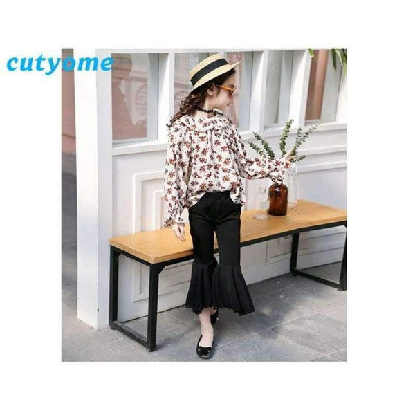 Planet Gates Beige Floral 2pc Set / 3T Teenagers Girls Floral Off Shoulder School Blouse Top+Flare Pant Two Pieces Set 2018 Autumn 12 Children Clothing Sunsuit