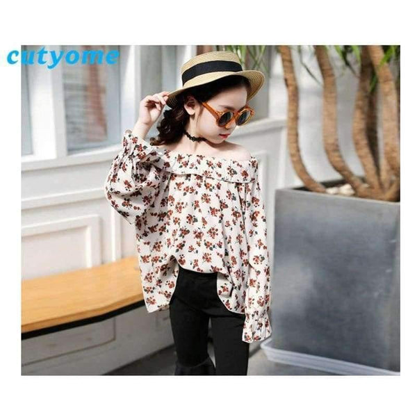 Planet Gates Beige Floral 2pc Set / 3T Teenagers Girls Floral Off Shoulder School Blouse Top+Flare Pant Two Pieces Set 2018 Autumn 12 Children Clothing Sunsuit