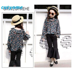 Planet Gates Beige Floral 2pc Set / 3T Teenagers Girls Floral Off Shoulder School Blouse Top+Flare Pant Two Pieces Set 2018 Autumn 12 Children Clothing Sunsuit