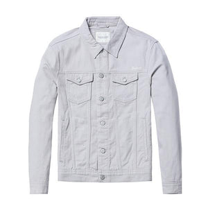 Planet Gates beige gray / S Denim Jacket Men Fashion 100% Cotton Trucker Jackets Slim Fit Embroidery Chest Pocket 4 Colors