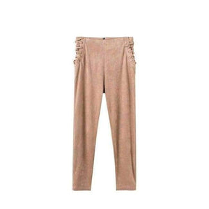 Planet Gates beige / L Women  Lace Up Side Waist Suede Leggings Sexy Legging