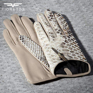 Planet Gates Beige Non-touch / S Fioretto Women Fashion Snake Leather Gloves Punk Ladies Driving Gloves Metal Zipper Black Leopard Embossed Winter Warm Mittens