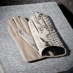 Planet Gates Beige Non-touch / S Fioretto Women Fashion Snake Leather Gloves Punk Ladies Driving Gloves Metal Zipper Black Leopard Embossed Winter Warm Mittens