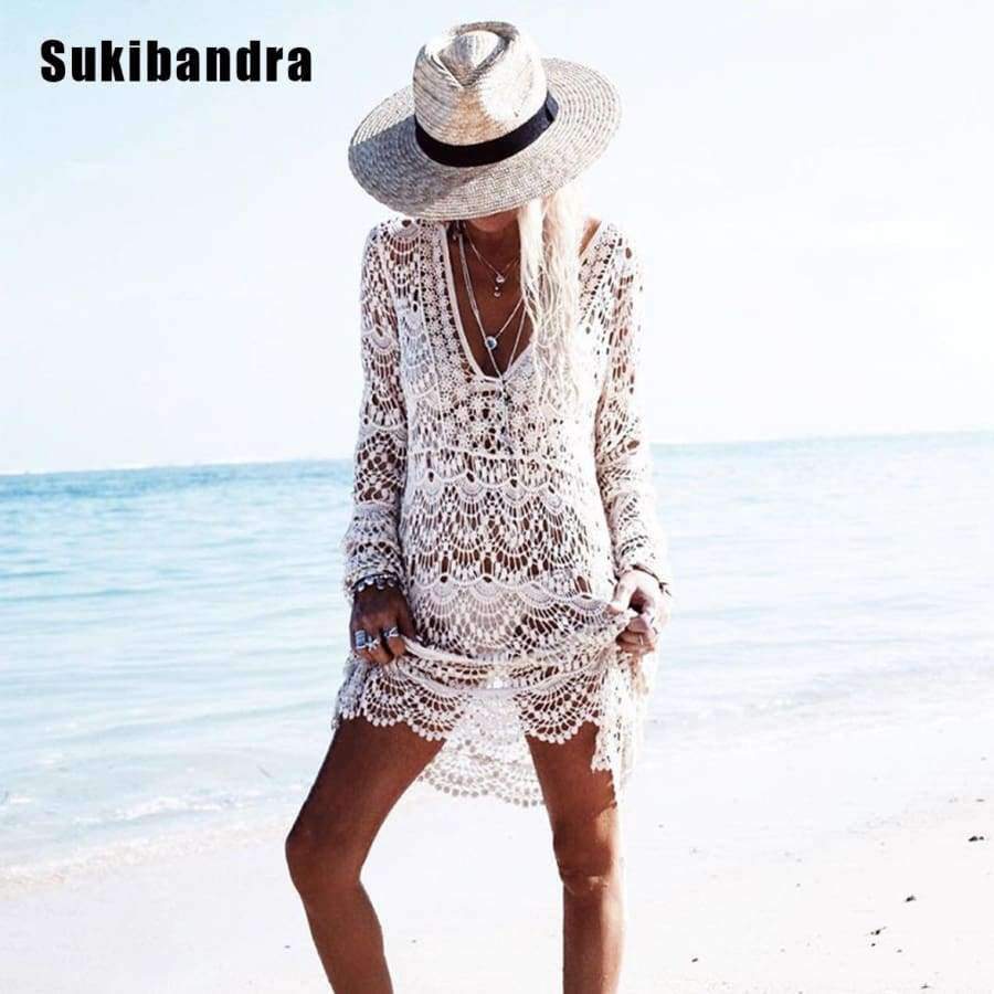 Planet Gates beige / One Size Sukibandra Sexy Ladies White Handmade Crochet Summer Beach Lace Dress Women Long Sleeve Hollow Out Boho Bohemian V Neck Dress