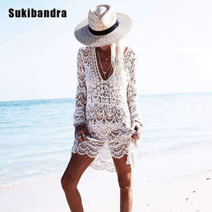 Planet Gates beige / One Size Sukibandra Sexy Ladies White Handmade Crochet Summer Beach Lace Dress Women Long Sleeve Hollow Out Boho Bohemian V Neck Dress
