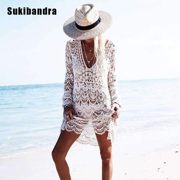 Planet Gates beige / One Size Sukibandra Sexy Ladies White Handmade Crochet Summer Beach Lace Dress Women Long Sleeve Hollow Out Boho Bohemian V Neck Dress