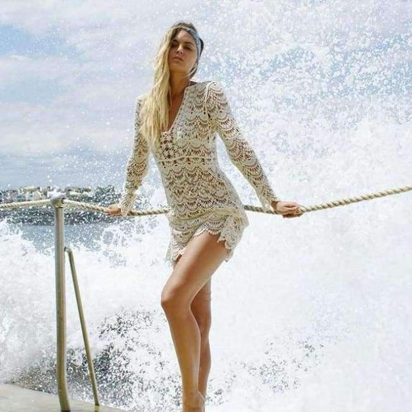 Planet Gates beige / One Size Sukibandra Sexy Ladies White Handmade Crochet Summer Beach Lace Dress Women Long Sleeve Hollow Out Boho Bohemian V Neck Dress