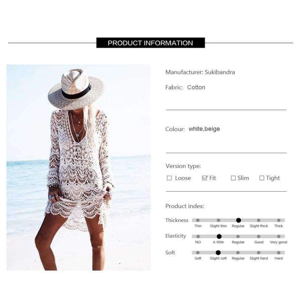 Planet Gates beige / One Size Sukibandra Sexy Ladies White Handmade Crochet Summer Beach Lace Dress Women Long Sleeve Hollow Out Boho Bohemian V Neck Dress