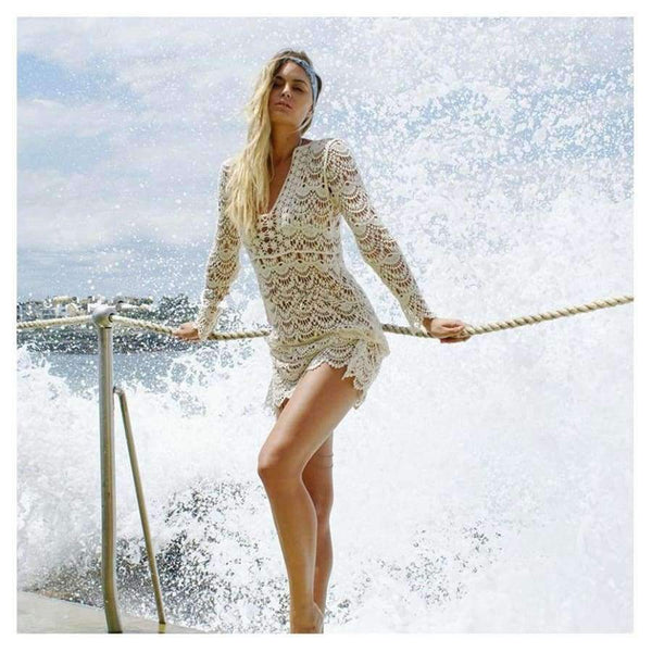 Planet Gates beige / One Size Sukibandra Sexy Ladies White Handmade Crochet Summer Beach Lace Dress Women Long Sleeve Hollow Out Boho Bohemian V Neck Dress