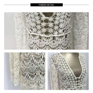 Planet Gates beige / One Size Sukibandra Sexy Ladies White Handmade Crochet Summer Beach Lace Dress Women Long Sleeve Hollow Out Boho Bohemian V Neck Dress
