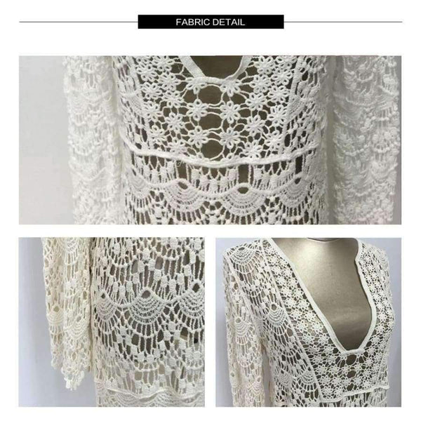 Planet Gates beige / One Size Sukibandra Sexy Ladies White Handmade Crochet Summer Beach Lace Dress Women Long Sleeve Hollow Out Boho Bohemian V Neck Dress