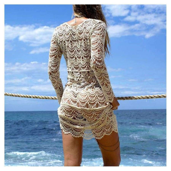 Planet Gates beige / One Size Sukibandra Sexy Ladies White Handmade Crochet Summer Beach Lace Dress Women Long Sleeve Hollow Out Boho Bohemian V Neck Dress