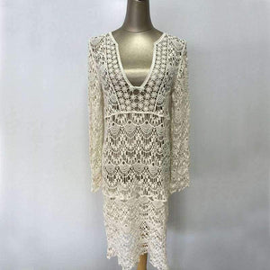 Planet Gates beige / One Size Sukibandra Sexy Ladies White Handmade Crochet Summer Beach Lace Dress Women Long Sleeve Hollow Out Boho Bohemian V Neck Dress