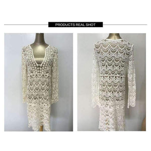 Planet Gates beige / One Size Sukibandra Sexy Ladies White Handmade Crochet Summer Beach Lace Dress Women Long Sleeve Hollow Out Boho Bohemian V Neck Dress