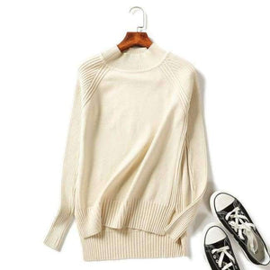 Planet Gates Beige / One Size Women turtleneck sweaters knitted pullovers long sleeves basic irregular tricots autumn winter wool tops warm loose All Match