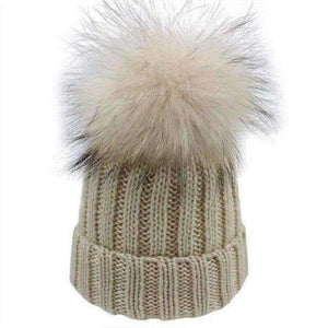 Planet Gates beige pompom / Kids for 46-52cm 2018 Winter Blends Women Beanies Knit Hat Real Pompoms Fur Ball Beanie Gorro Solid Caps Casual Knit Crochet Bonnet Cap Hats