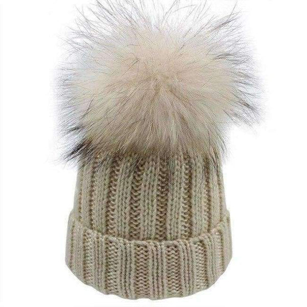 Planet Gates beige pompom / Kids for 46-52cm 2018 Winter Blends Women Beanies Knit Hat Real Pompoms Fur Ball Beanie Gorro Solid Caps Casual Knit Crochet Bonnet Cap Hats