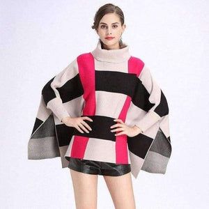 Planet Gates beige rose red / One Size Fashion Core Spun Yarn Plaid Bat Sleeve Turtleneck Sweater Women Autumn Winter Damier Cloak Cape Cashmere Shawl Poncho