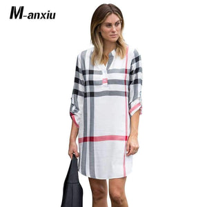 Planet Gates Beige / S M-anxiu Women's Western Style Autumn New Plaid Print Three Quarter V-neck Long-sleeved Temperament Generous Casual Dress
